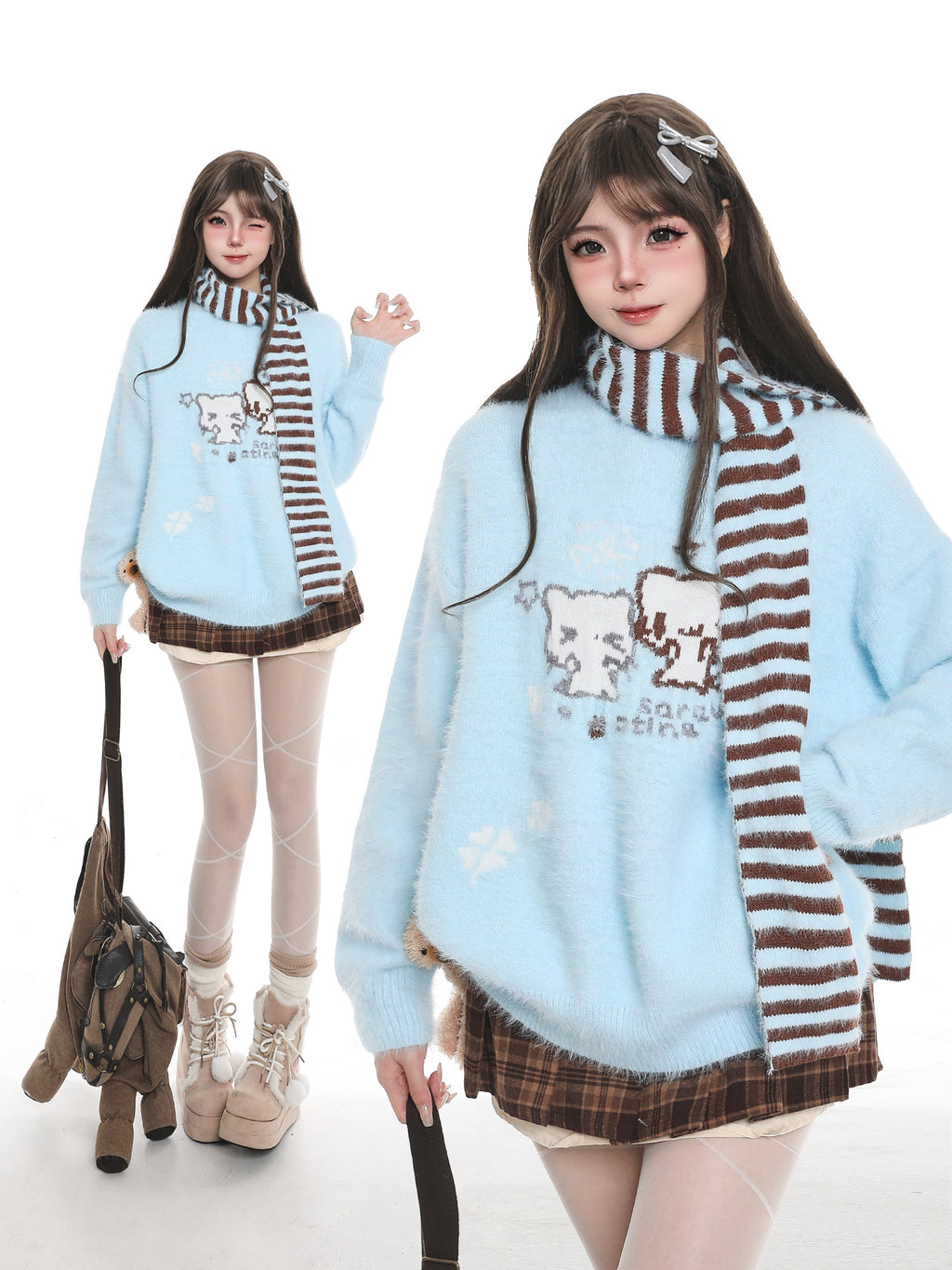 Cat Striped Scarf Sweater Loose Casual Sweater