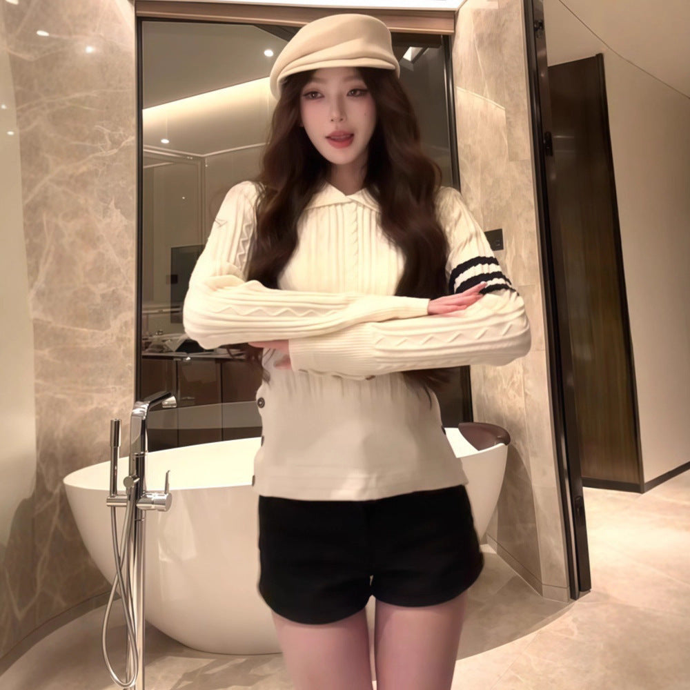 White Lapel Twist Long-sleeved Sweater Women's Slim Fit Slim Fit Versatile Top