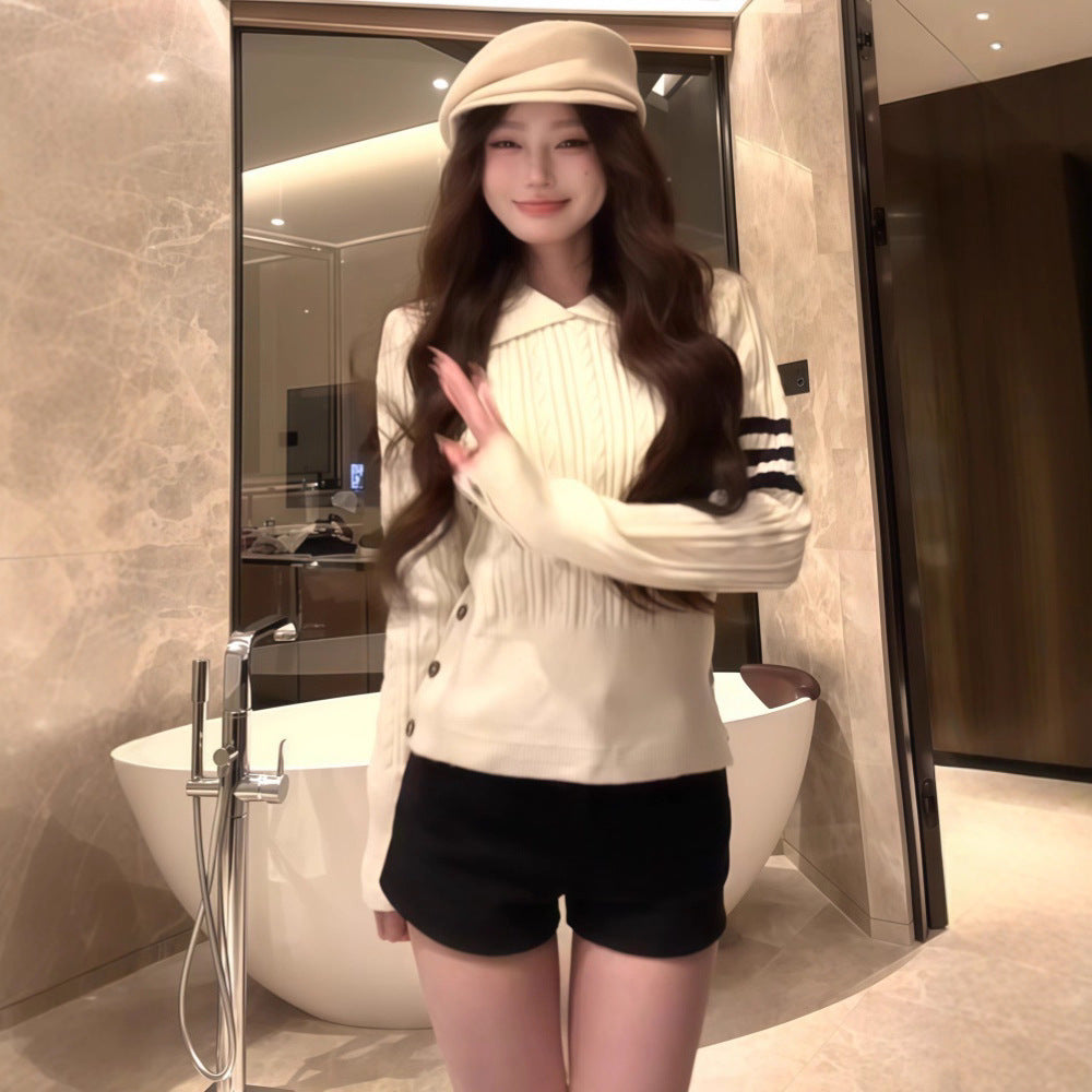 White Lapel Twist Long-sleeved Sweater Women's Slim Fit Slim Fit Versatile Top