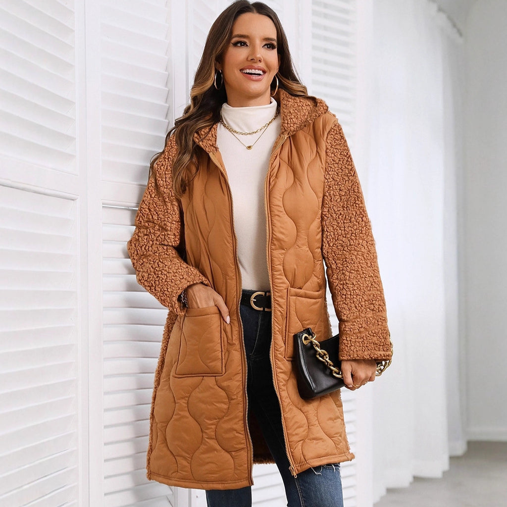 Autumn And Winter New European And American Loose Hooded Long Zipper Stitching Plush Coat