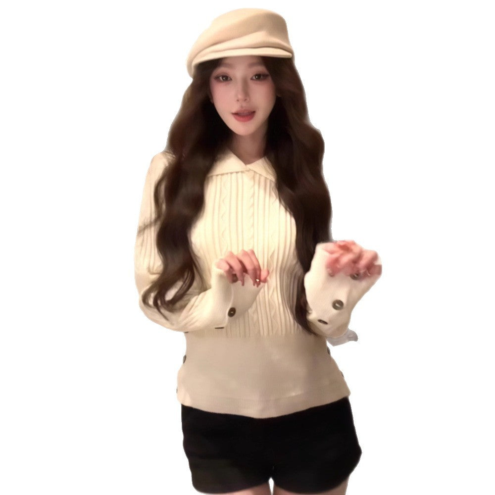 White Lapel Twist Long-sleeved Sweater Women's Slim Fit Slim Fit Versatile Top