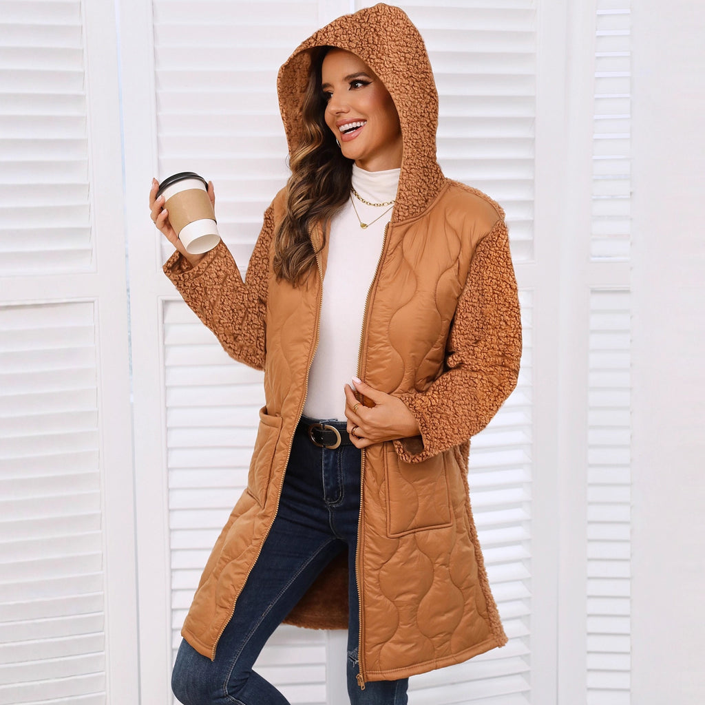 Autumn And Winter New European And American Loose Hooded Long Zipper Stitching Plush Coat