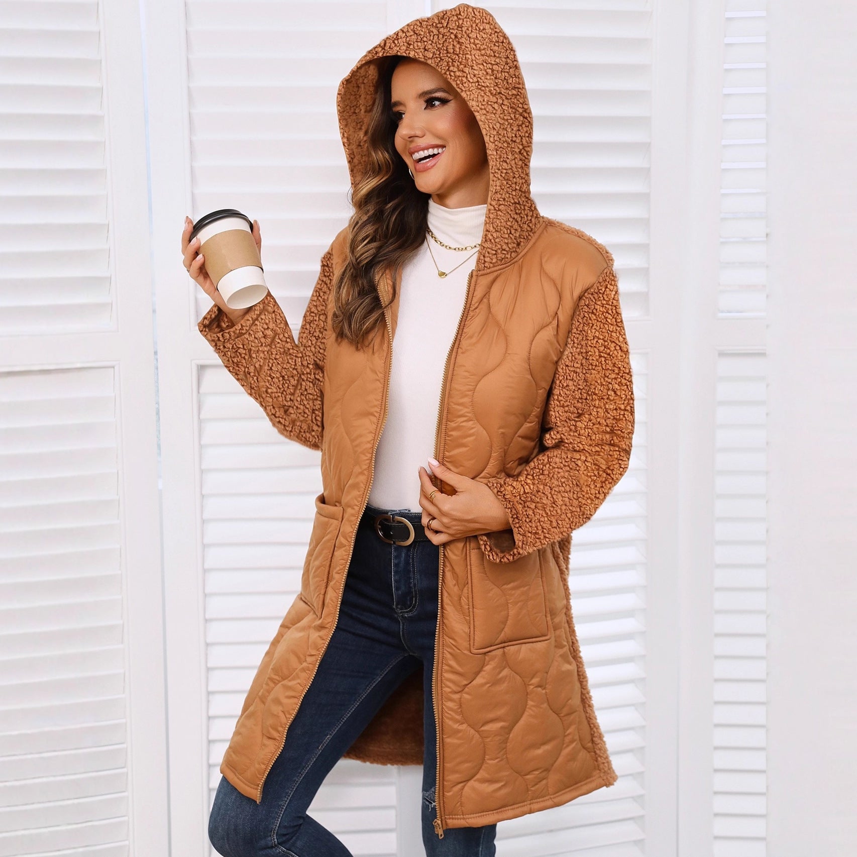Autumn And Winter New European And American Loose Hooded Long Zipper Stitching Plush Coat