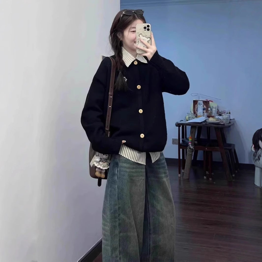 Korean Style Fake Two-piece College Style Shirt Collar Sweater Women's Coat