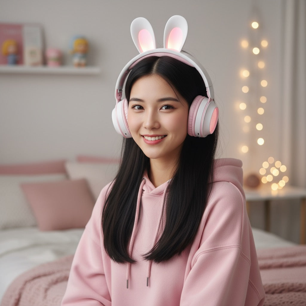 Fone de Ouvido Orelha de Coelho LED Luminoso Sem Fio Kawaii | うさ耳ヘッドホン