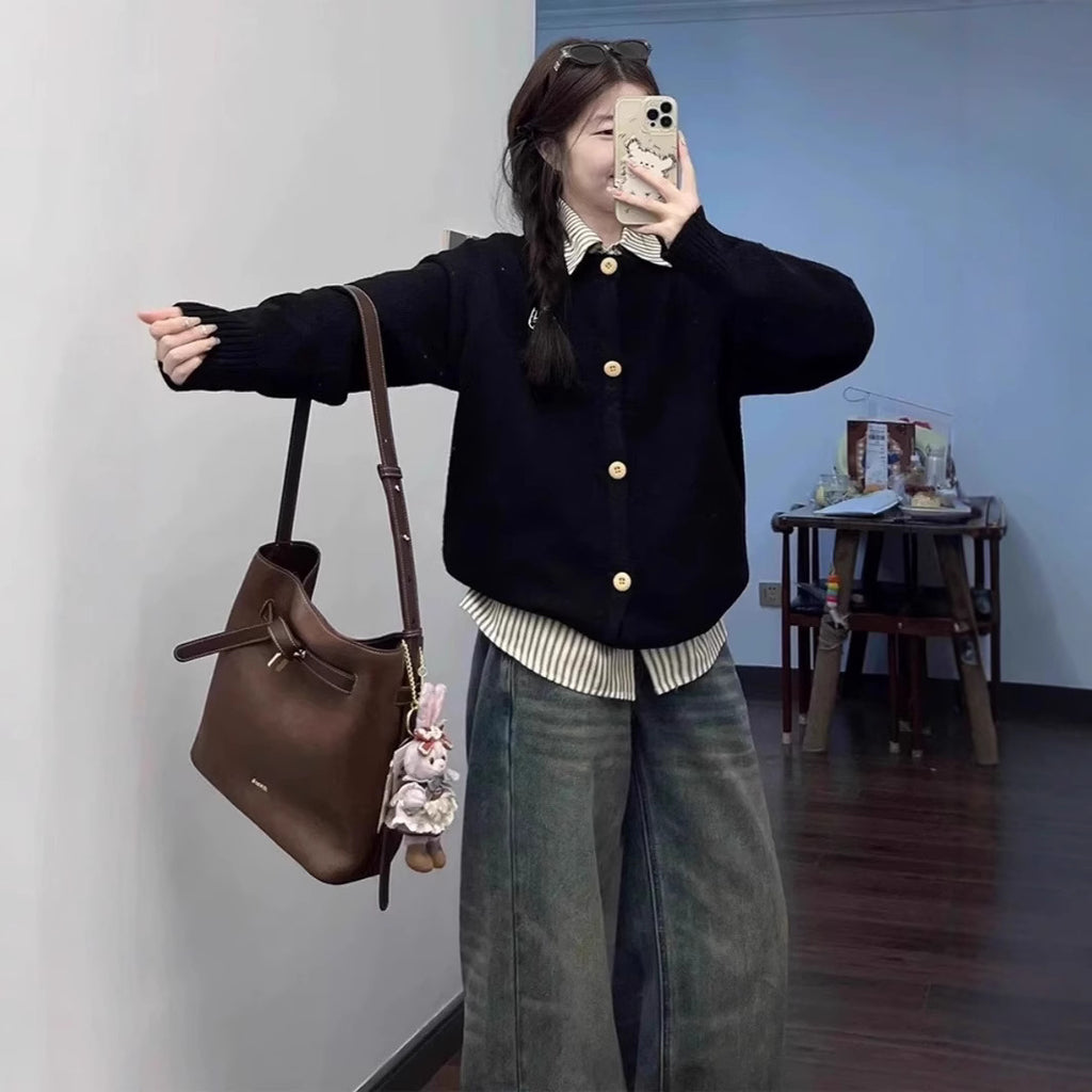 Korean Style Fake Two-piece College Style Shirt Collar Sweater Women's Coat