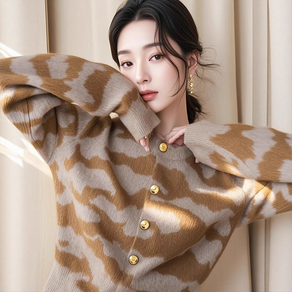 Autumn New Loose Leopard Print Knitted Cardigan Outer Wear Women's Soft Glutinous Sweater Coat