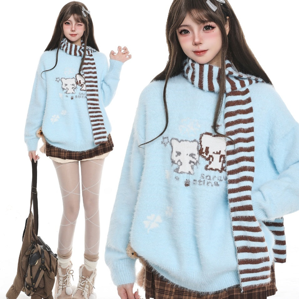 Cat Striped Scarf Sweater Loose Casual Sweater