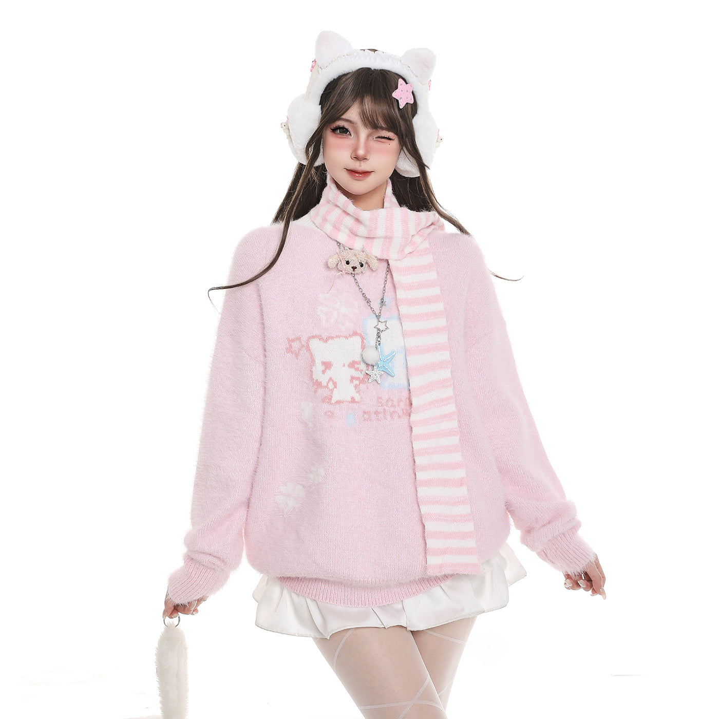 Cat Striped Scarf Sweater Loose Casual Sweater