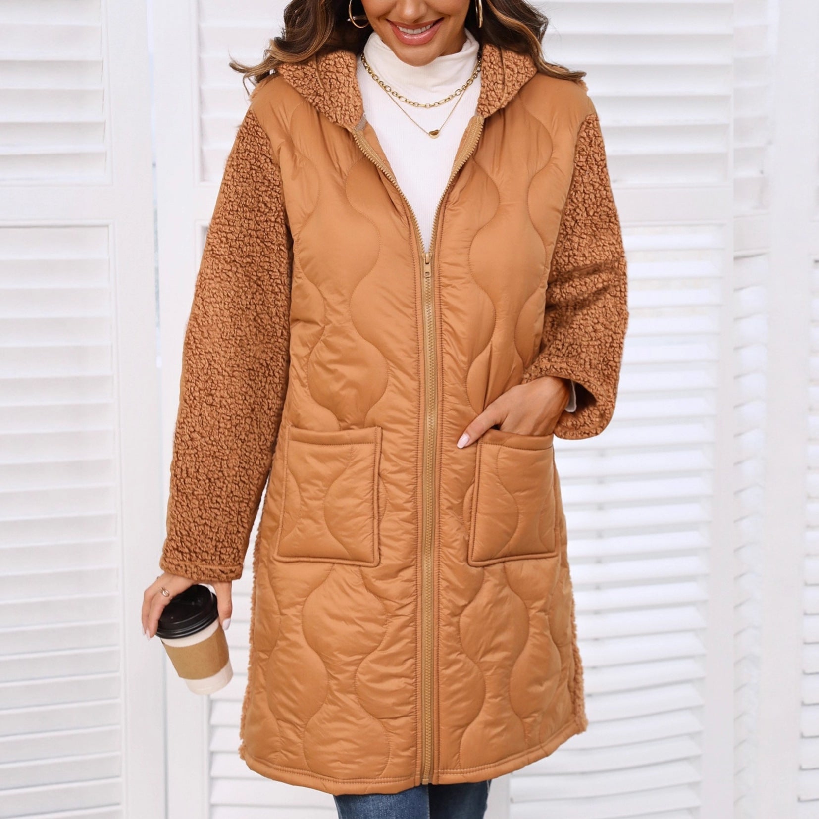 Autumn And Winter New European And American Loose Hooded Long Zipper Stitching Plush Coat