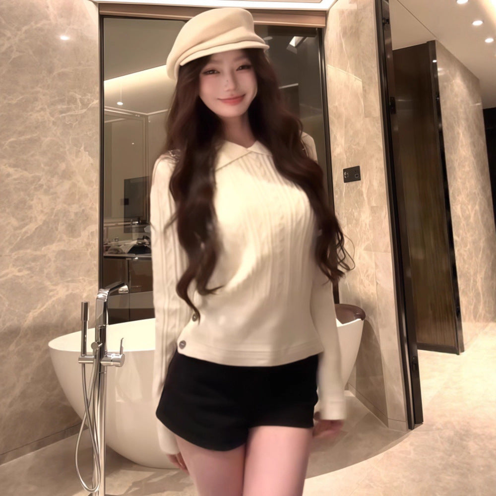 White Lapel Twist Long-sleeved Sweater Women's Slim Fit Slim Fit Versatile Top