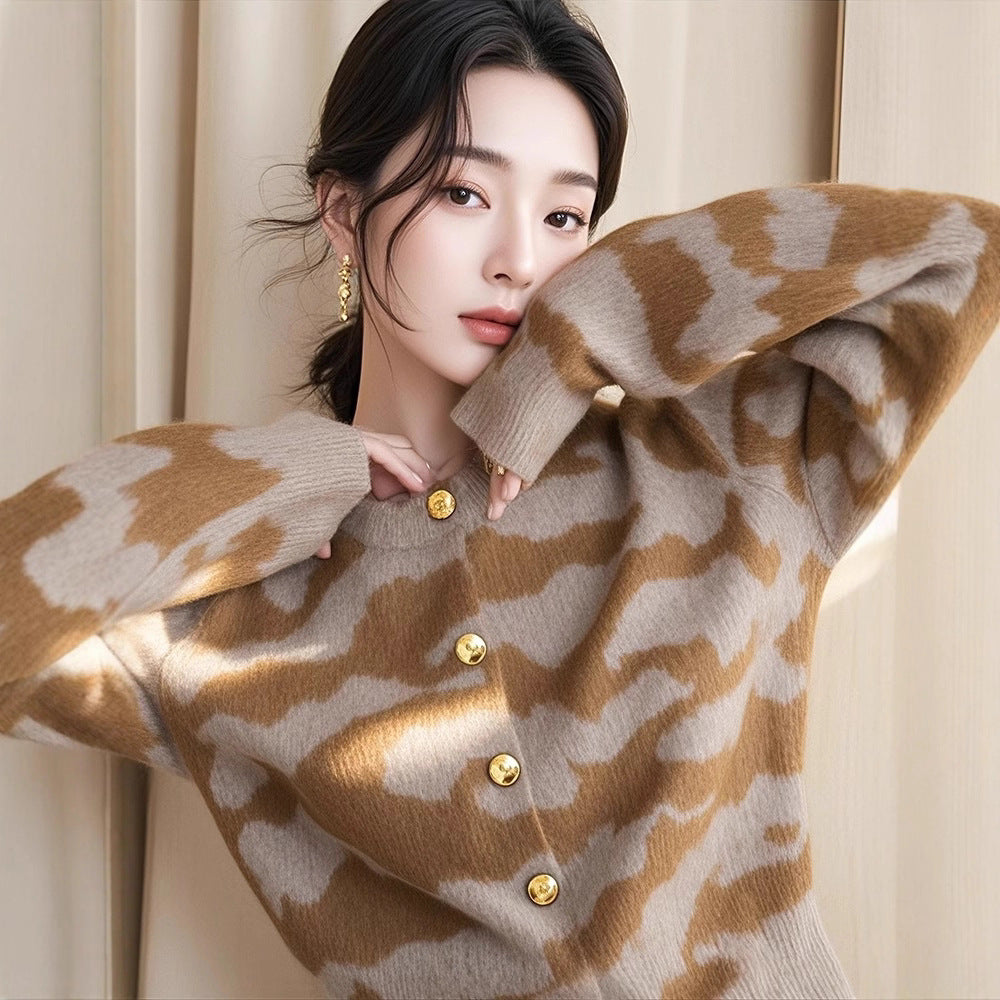 Autumn New Loose Leopard Print Knitted Cardigan Outer Wear Women's Soft Glutinous Sweater Coat