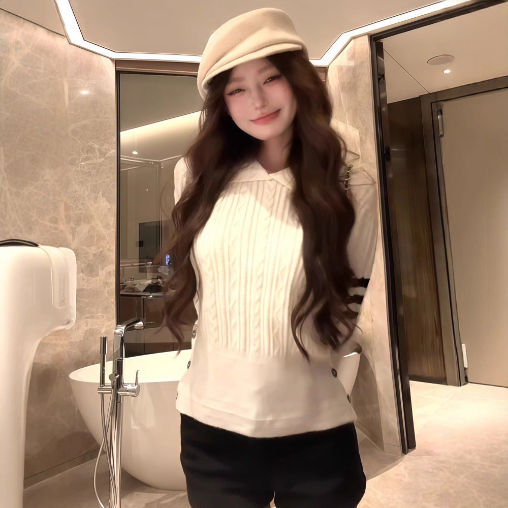 White Lapel Twist Long-sleeved Sweater Women's Slim Fit Slim Fit Versatile Top