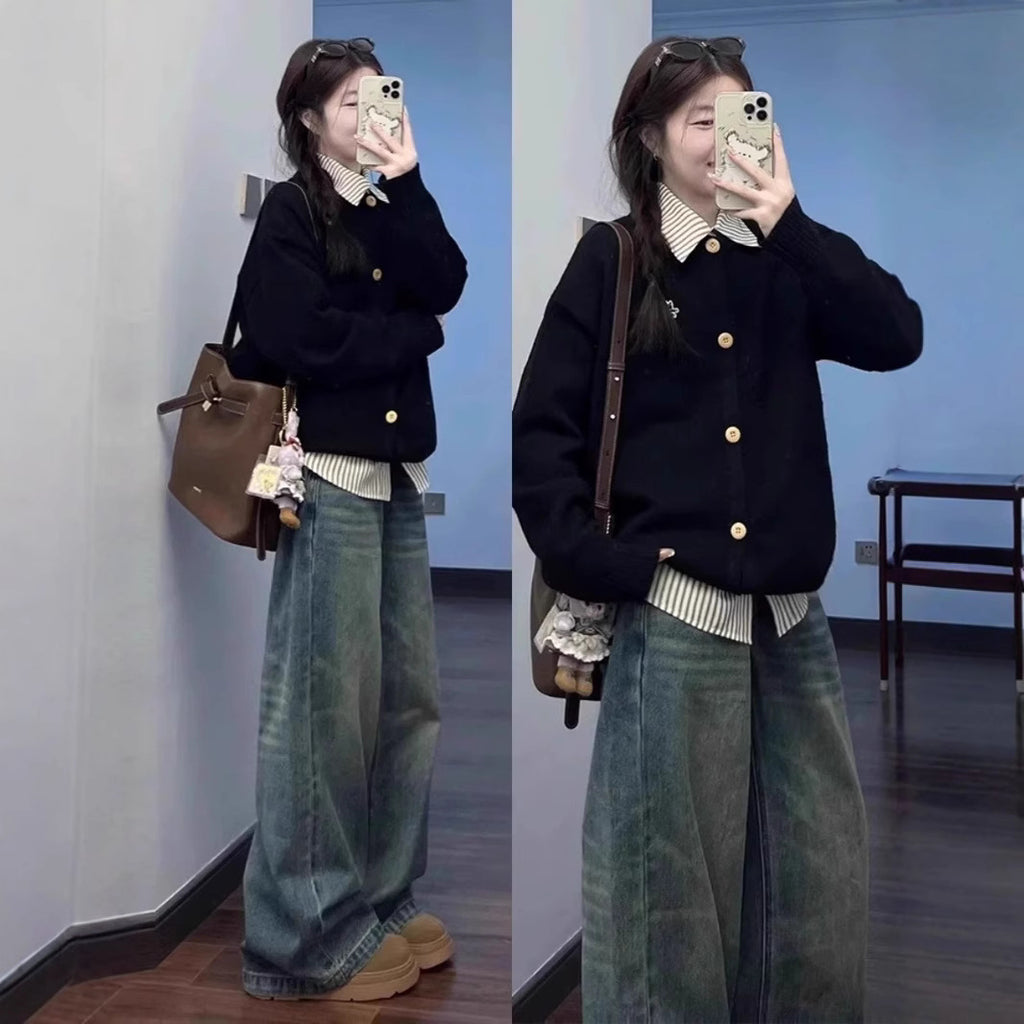 Korean Style Fake Two-piece College Style Shirt Collar Sweater Women's Coat