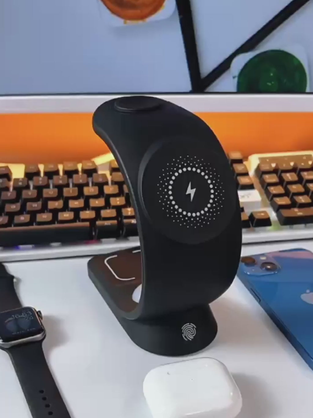 Carregador magnético sem fio 4 em 1 com carregamento rápido para smartphone, luz ambiente e estação de carregamento para AirPods Pro e iPhone.