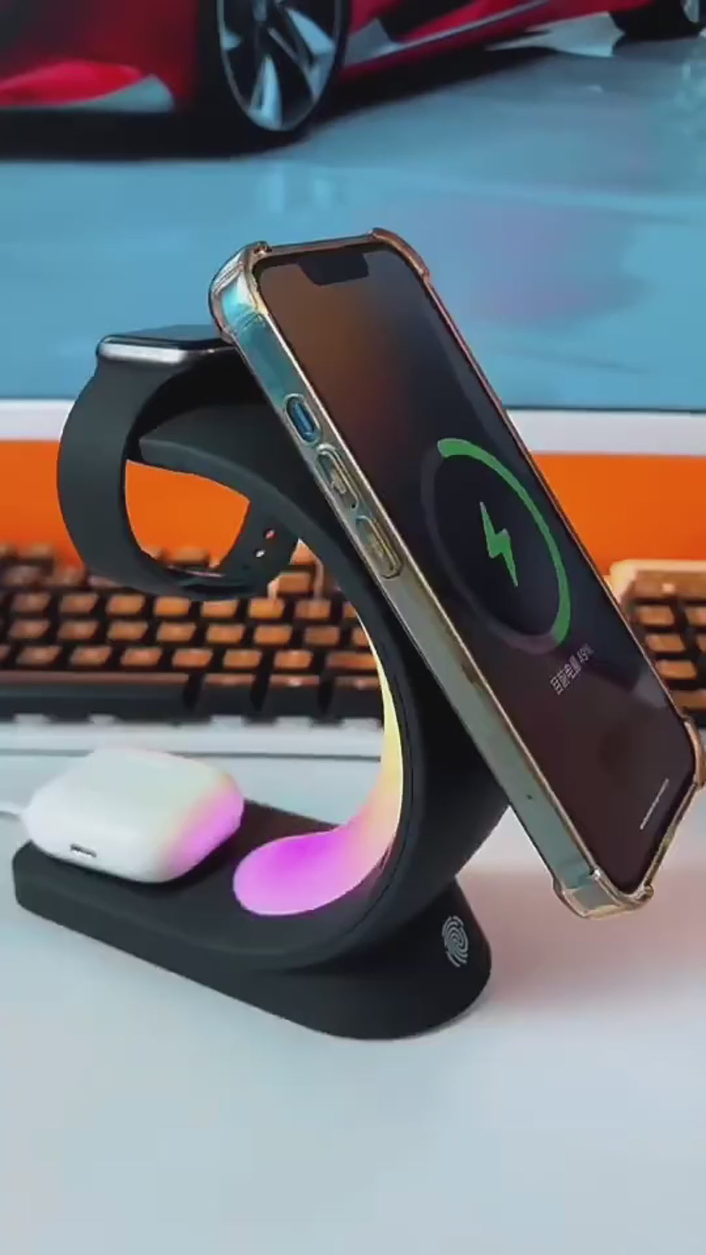 Carregador magnético sem fio 4 em 1 com carregamento rápido para smartphone, luz ambiente e estação de carregamento para AirPods Pro e iPhone.