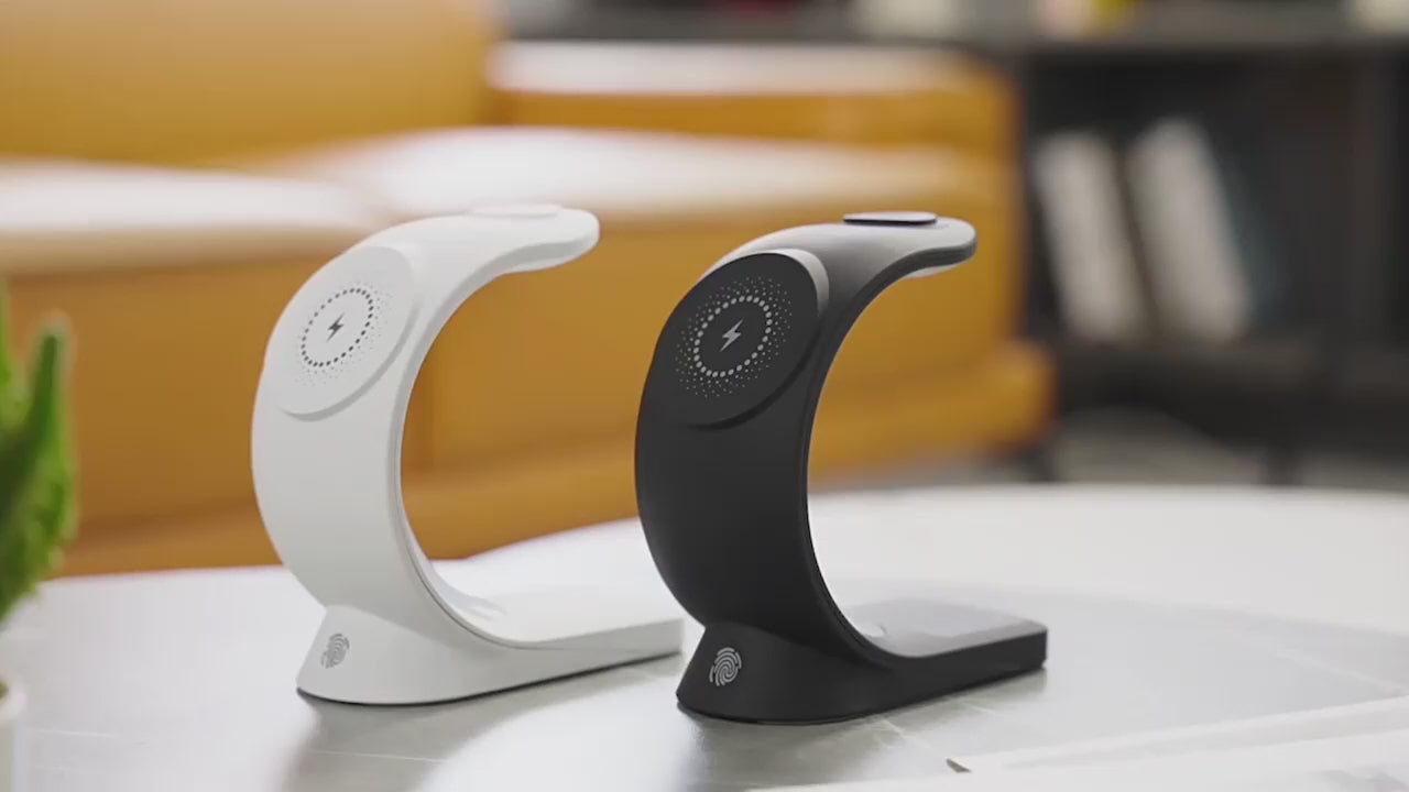 Carregador magnético sem fio 4 em 1 com carregamento rápido para smartphone, luz ambiente e estação de carregamento para AirPods Pro e iPhone.